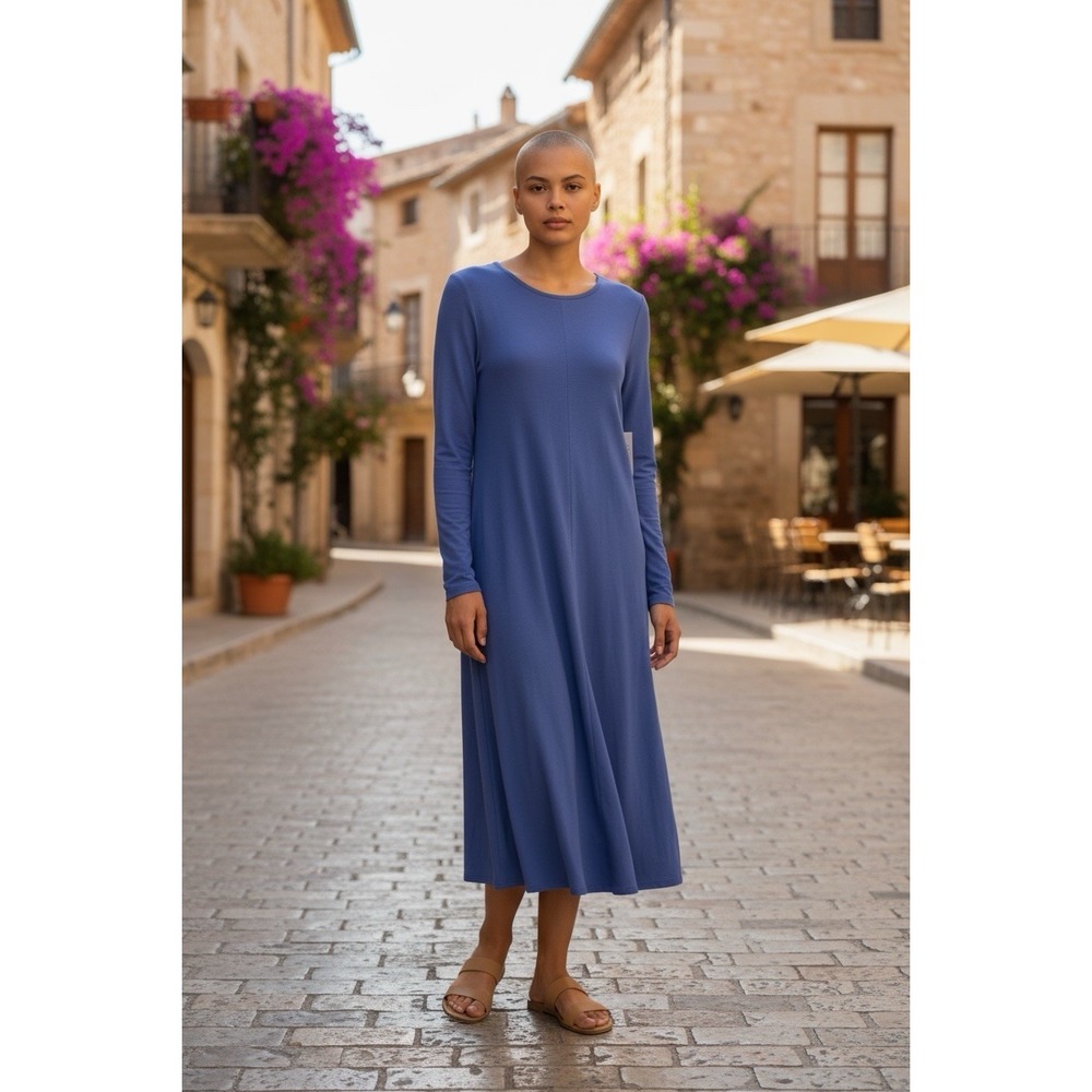 Velvet Torch Long Sleeve Blue Solid Print Round Neck Midi Dress Women Size Large